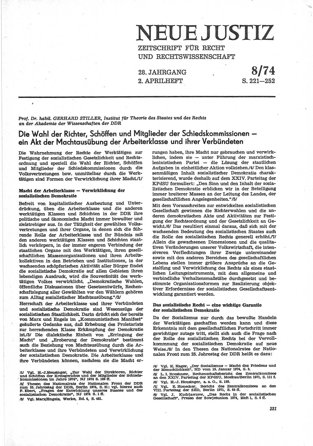 Neue Justiz (NJ), Zeitschrift für Recht und Rechtswissenschaft [Deutsche Demokratische Republik (DDR)], 28. Jahrgang 1974, Seite 221 (NJ DDR 1974, S. 221)