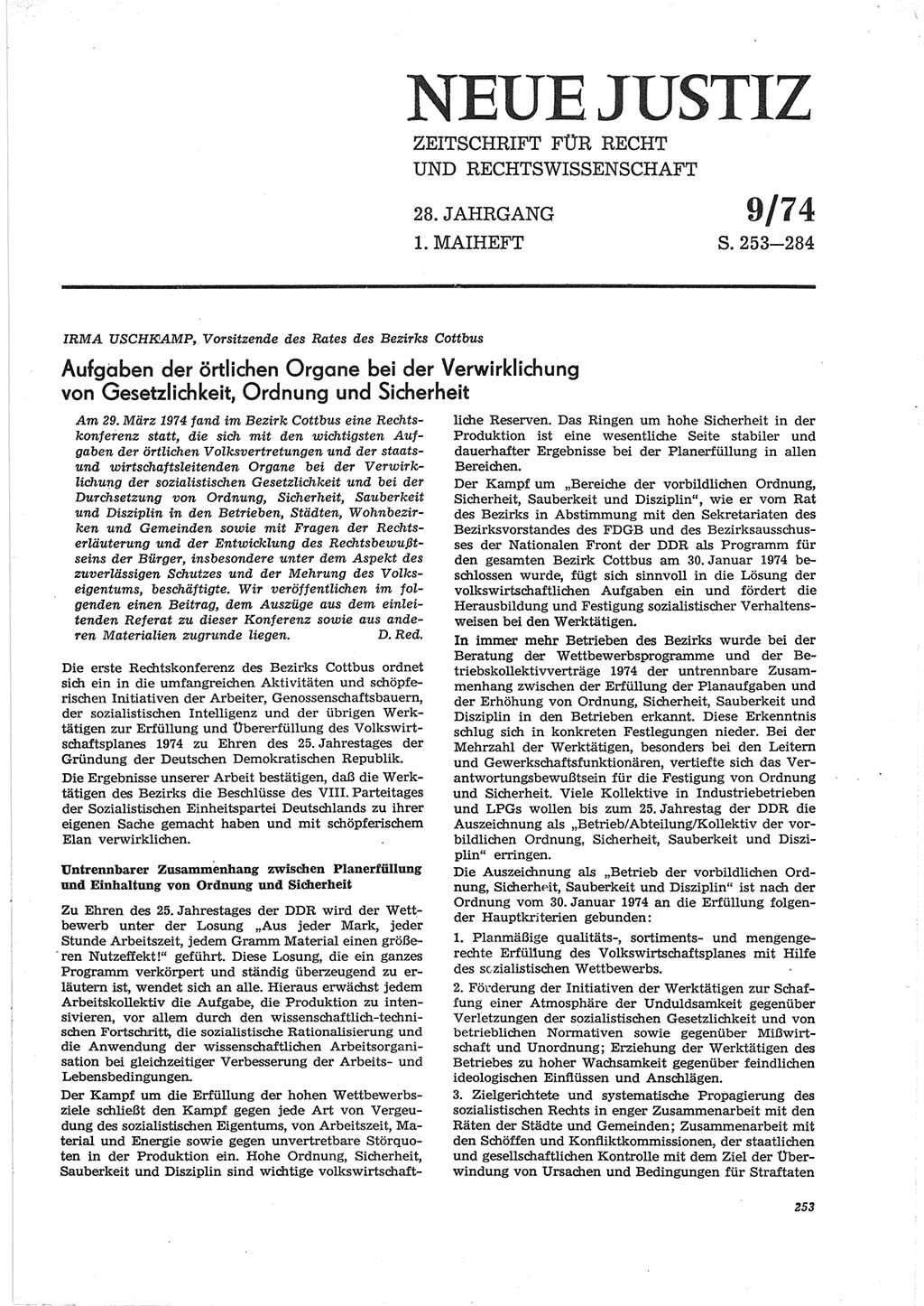 Neue Justiz (NJ), Zeitschrift für Recht und Rechtswissenschaft [Deutsche Demokratische Republik (DDR)], 28. Jahrgang 1974, Seite 253 (NJ DDR 1974, S. 253)