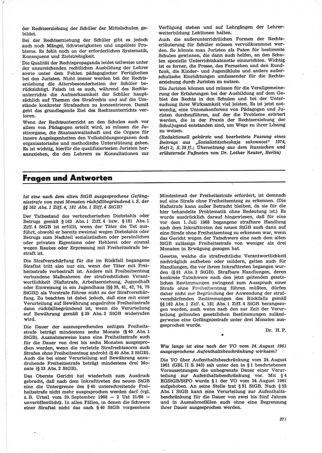 Neue Justiz (NJ), Zeitschrift für Recht und Rechtswissenschaft [Deutsche Demokratische Republik (DDR)], 28. Jahrgang 1974, Seite 271 (NJ DDR 1974, S. 271)