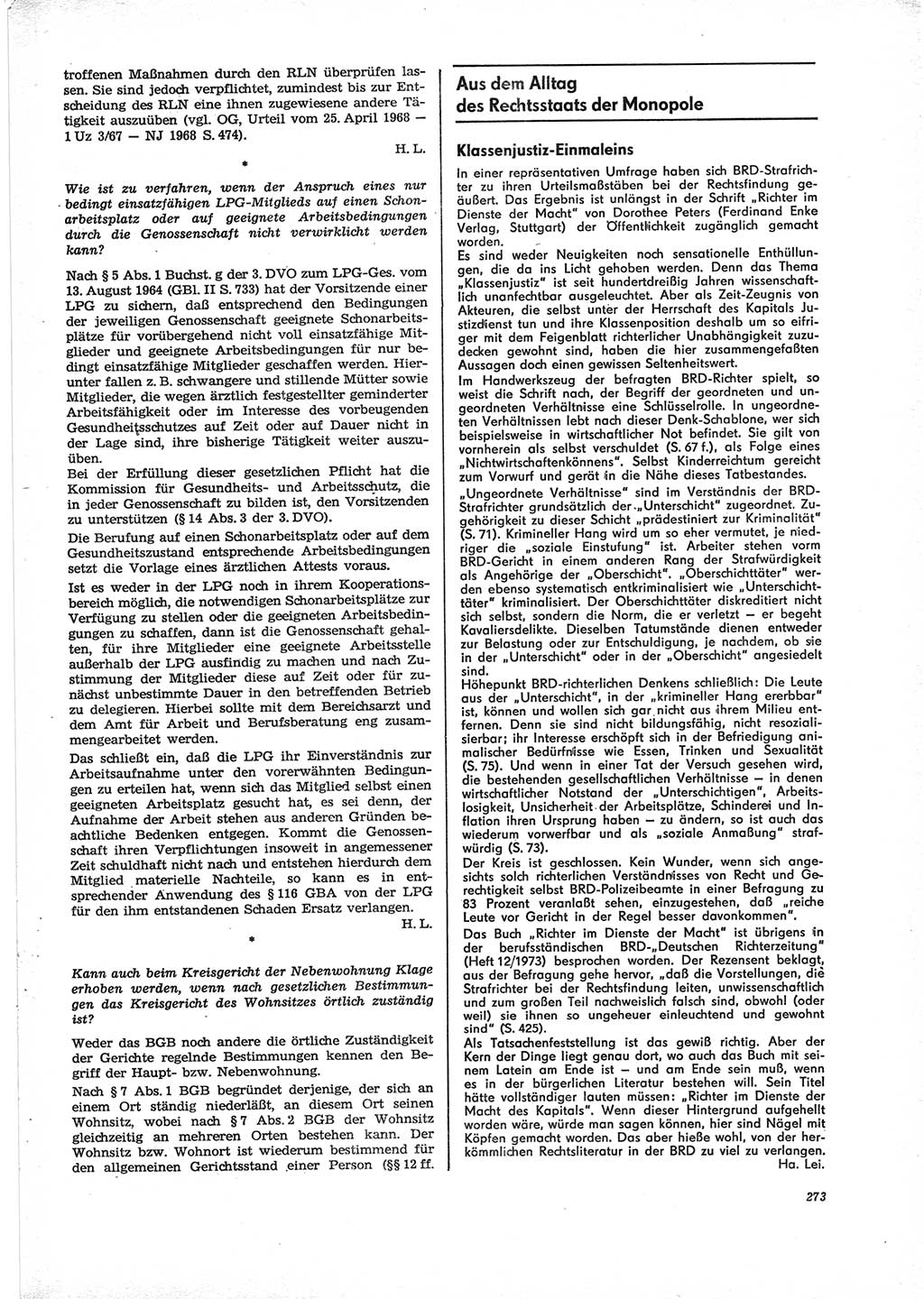 Neue Justiz (NJ), Zeitschrift für Recht und Rechtswissenschaft [Deutsche Demokratische Republik (DDR)], 28. Jahrgang 1974, Seite 273 (NJ DDR 1974, S. 273)