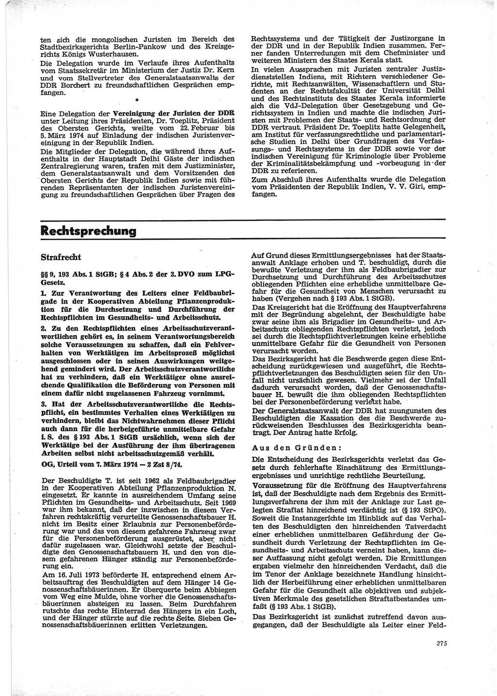 Neue Justiz (NJ), Zeitschrift für Recht und Rechtswissenschaft [Deutsche Demokratische Republik (DDR)], 28. Jahrgang 1974, Seite 275 (NJ DDR 1974, S. 275)