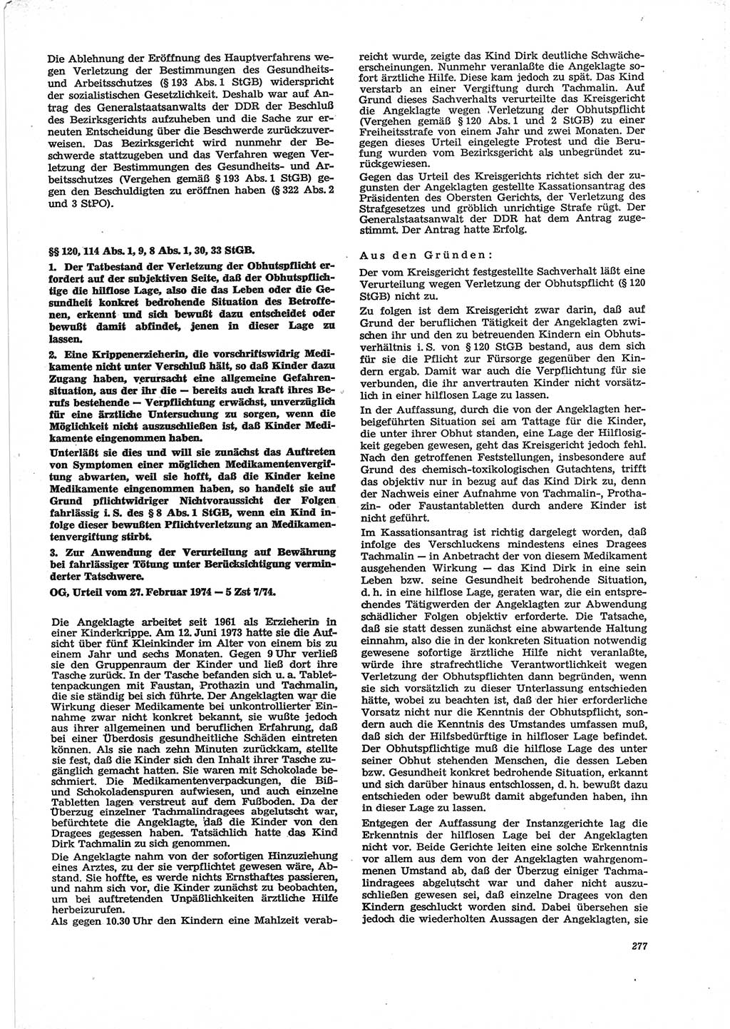 Neue Justiz (NJ), Zeitschrift für Recht und Rechtswissenschaft [Deutsche Demokratische Republik (DDR)], 28. Jahrgang 1974, Seite 277 (NJ DDR 1974, S. 277)