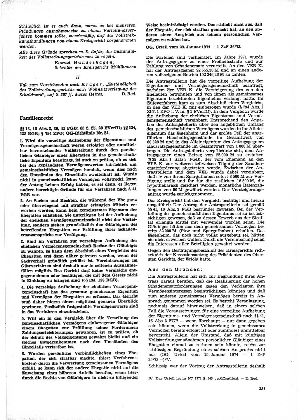 Neue Justiz (NJ), Zeitschrift für Recht und Rechtswissenschaft [Deutsche Demokratische Republik (DDR)], 28. Jahrgang 1974, Seite 281 (NJ DDR 1974, S. 281)