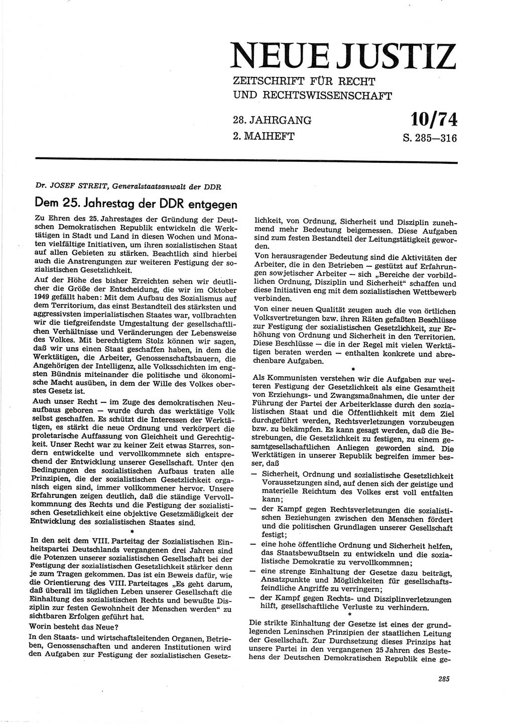 Neue Justiz (NJ), Zeitschrift für Recht und Rechtswissenschaft [Deutsche Demokratische Republik (DDR)], 28. Jahrgang 1974, Seite 285 (NJ DDR 1974, S. 285)