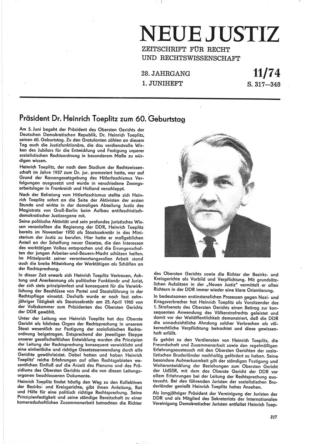 Neue Justiz (NJ), Zeitschrift für Recht und Rechtswissenschaft [Deutsche Demokratische Republik (DDR)], 28. Jahrgang 1974, Seite 317 (NJ DDR 1974, S. 317)