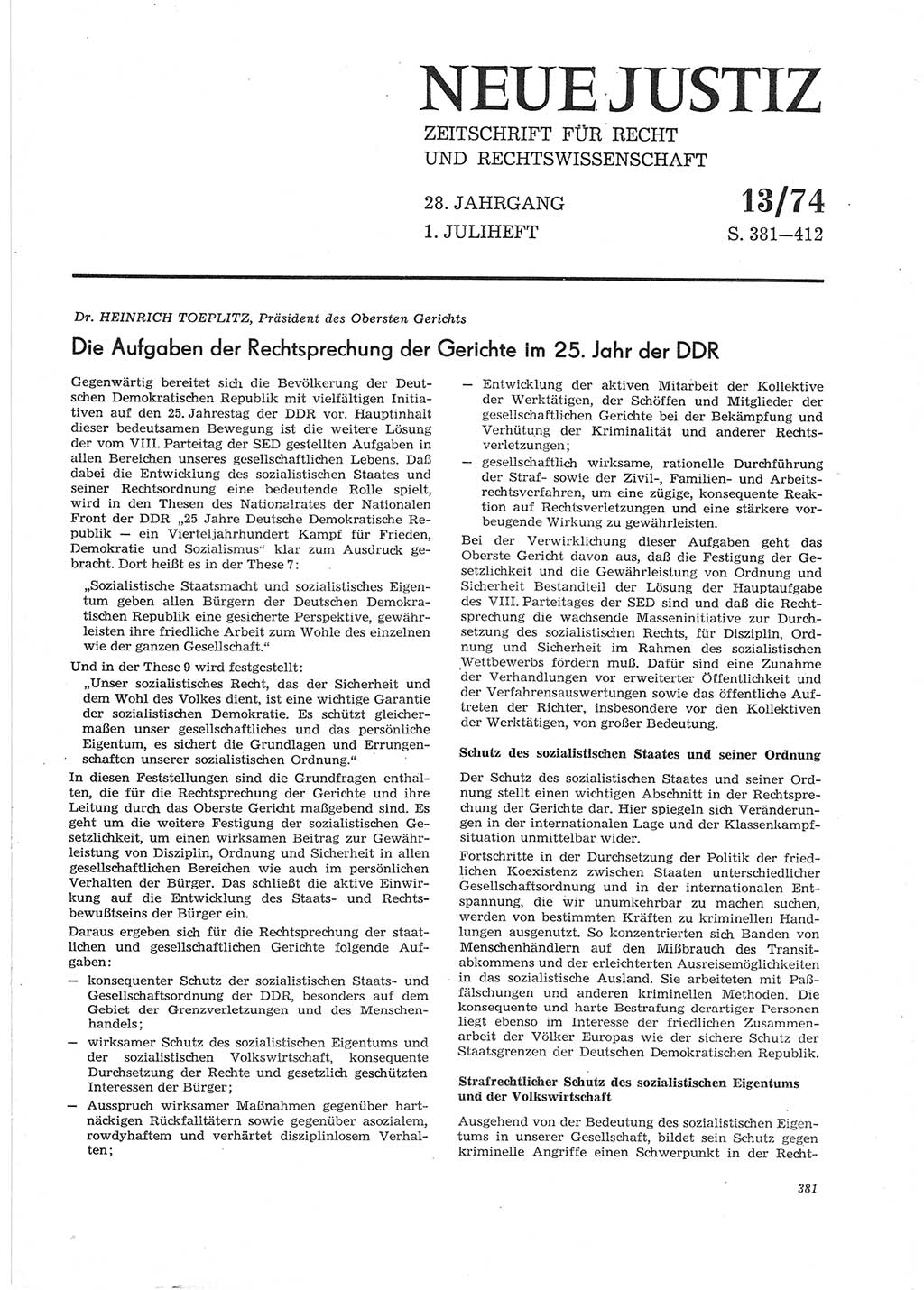Neue Justiz (NJ), Zeitschrift für Recht und Rechtswissenschaft [Deutsche Demokratische Republik (DDR)], 28. Jahrgang 1974, Seite 381 (NJ DDR 1974, S. 381)