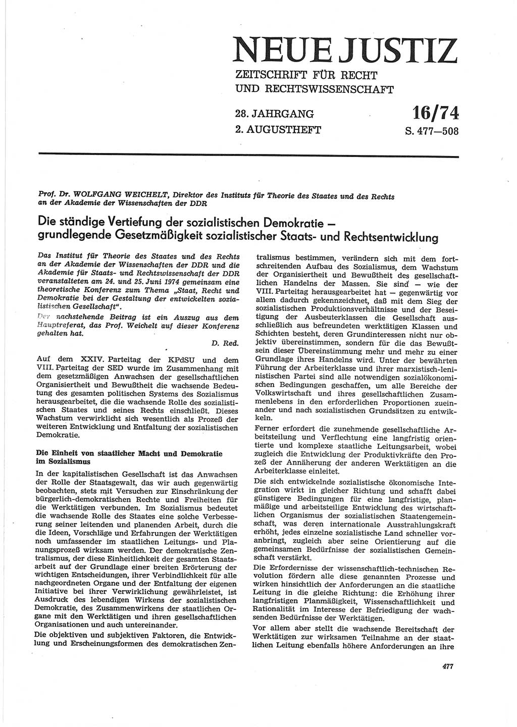 Neue Justiz (NJ), Zeitschrift für Recht und Rechtswissenschaft [Deutsche Demokratische Republik (DDR)], 28. Jahrgang 1974, Seite 477 (NJ DDR 1974, S. 477)