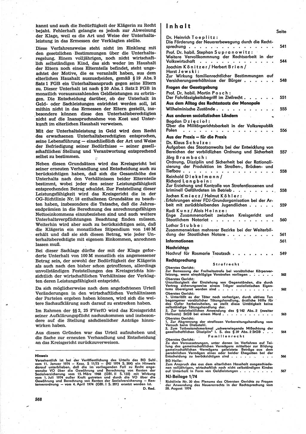 Neue Justiz (NJ), Zeitschrift für Recht und Rechtswissenschaft [Deutsche Demokratische Republik (DDR)], 28. Jahrgang 1974, Seite 568 (NJ DDR 1974, S. 568)