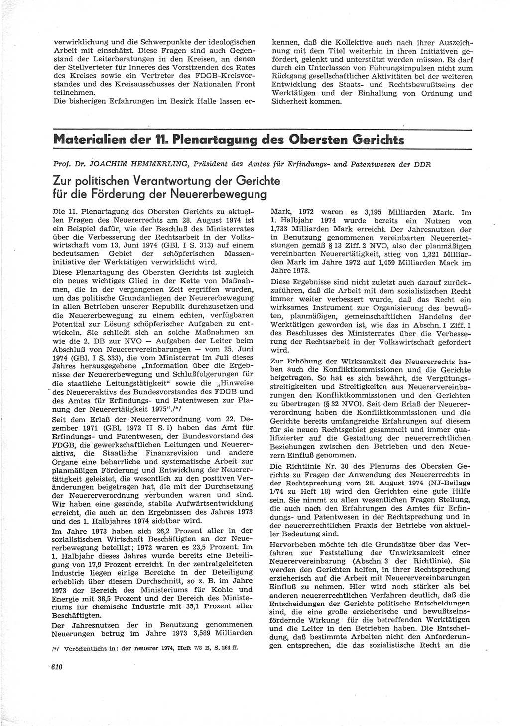 Neue Justiz (NJ), Zeitschrift für Recht und Rechtswissenschaft [Deutsche Demokratische Republik (DDR)], 28. Jahrgang 1974, Seite 610 (NJ DDR 1974, S. 610)