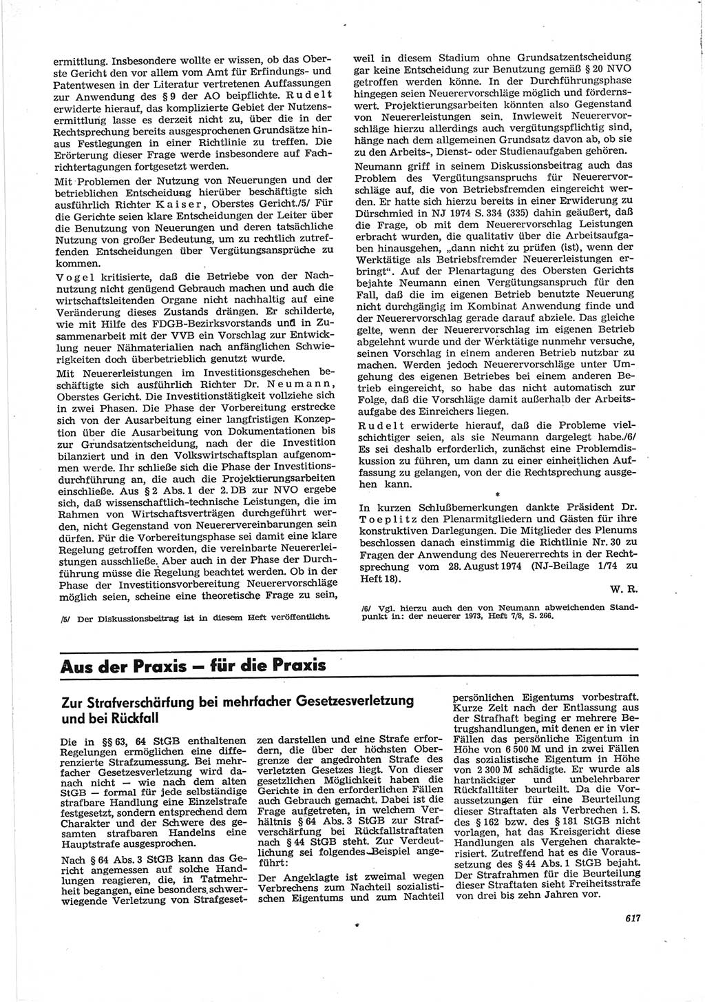 Neue Justiz (NJ), Zeitschrift für Recht und Rechtswissenschaft [Deutsche Demokratische Republik (DDR)], 28. Jahrgang 1974, Seite 617 (NJ DDR 1974, S. 617)