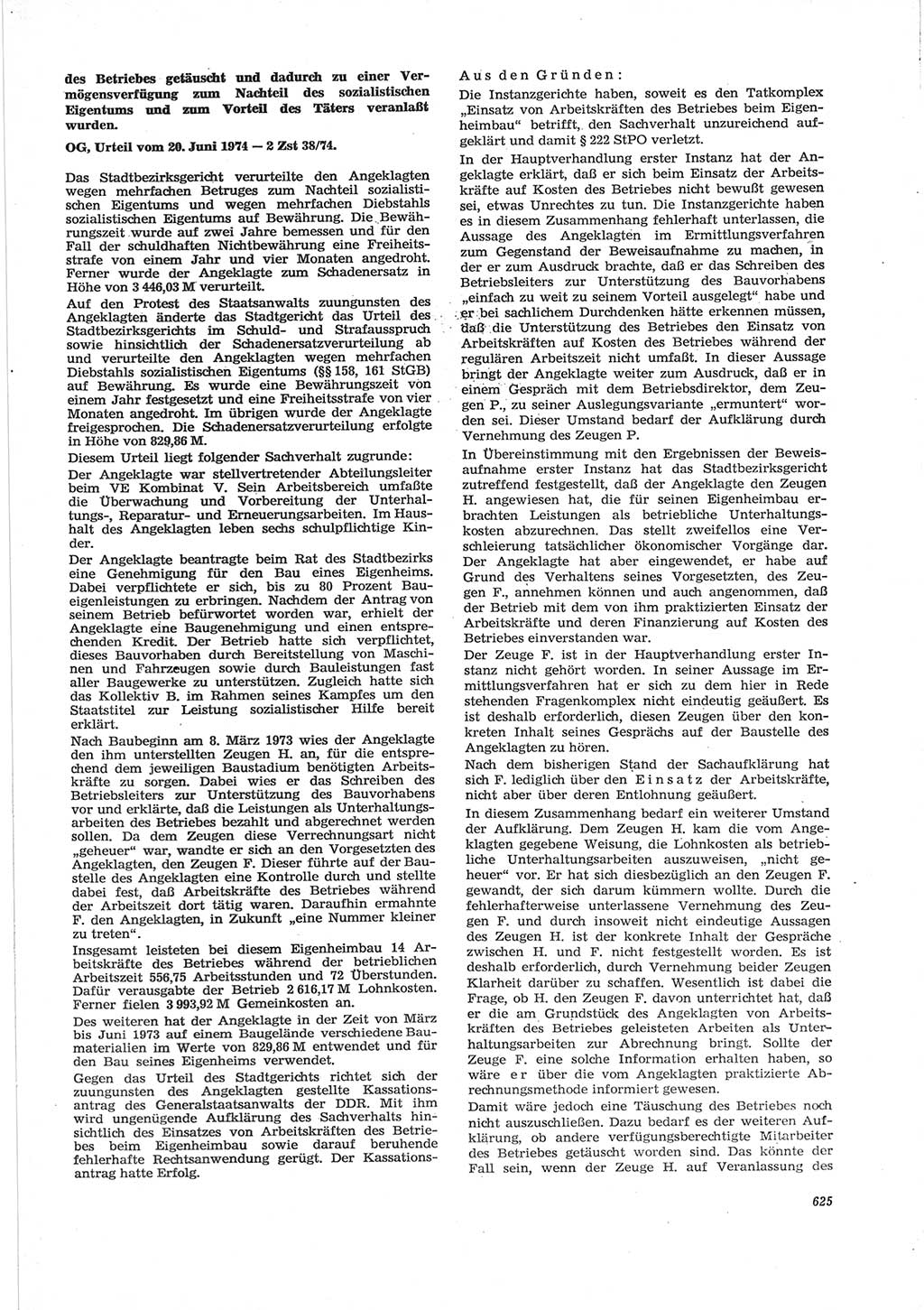 Neue Justiz (NJ), Zeitschrift für Recht und Rechtswissenschaft [Deutsche Demokratische Republik (DDR)], 28. Jahrgang 1974, Seite 625 (NJ DDR 1974, S. 625)