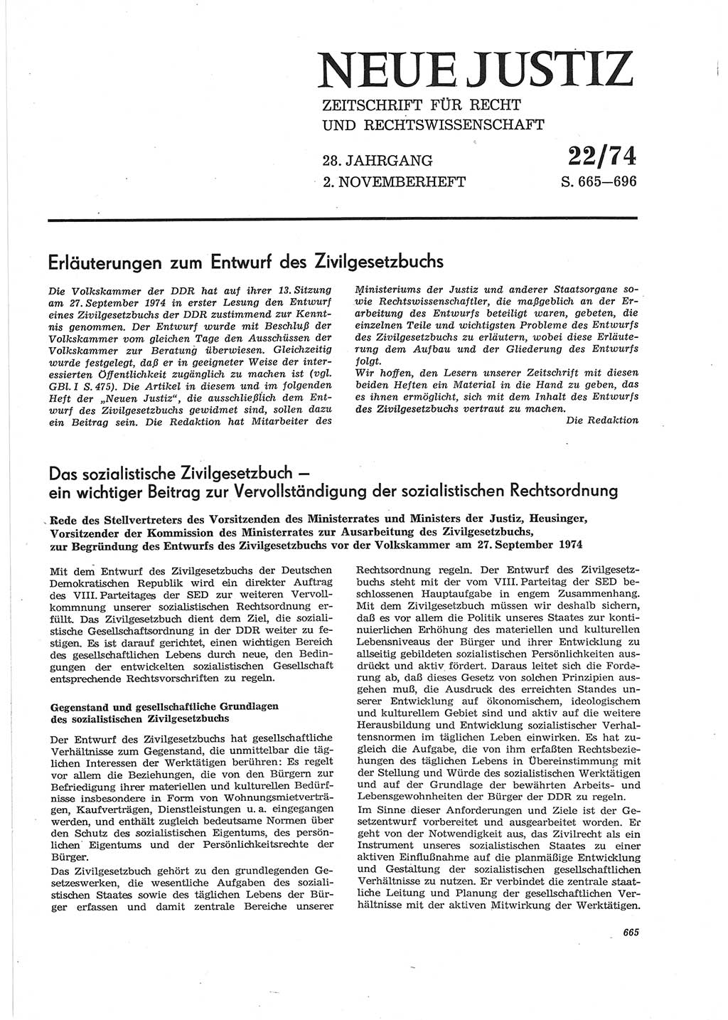 Neue Justiz (NJ), Zeitschrift für Recht und Rechtswissenschaft [Deutsche Demokratische Republik (DDR)], 28. Jahrgang 1974, Seite 665 (NJ DDR 1974, S. 665)