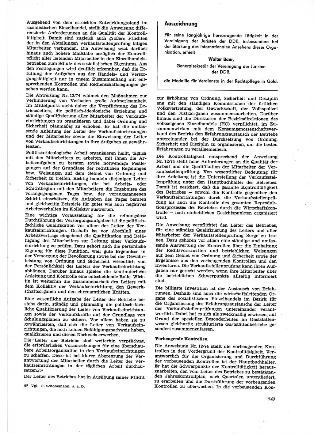 Neue Justiz (NJ), Zeitschrift für Recht und Rechtswissenschaft [Deutsche Demokratische Republik (DDR)], 28. Jahrgang 1974, Seite 743 (NJ DDR 1974, S. 743)