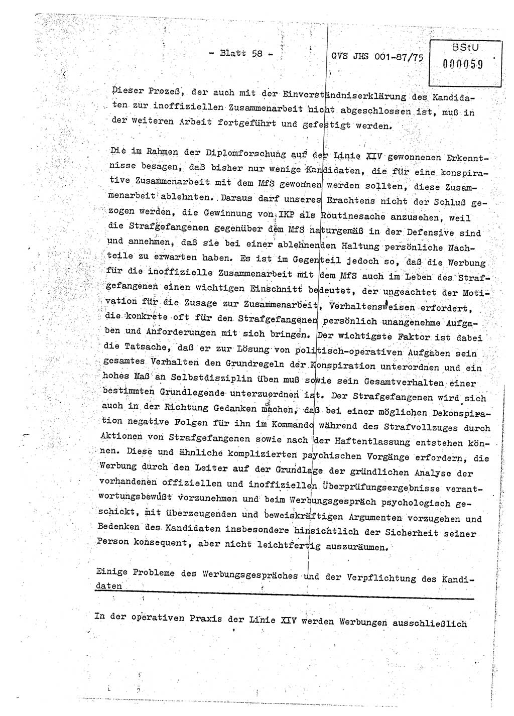 Diplomarbeit Hauptmann Volkmar Heinz (Abt. ⅩⅣ), Oberleutnant Lothar Rüdiger (BV Lpz. Abt. Ⅺ), Ministerium für Staatssicherheit (MfS) [Deutsche Demokratische Republik (DDR)], Juristische Hochschule (JHS), Geheime Verschlußsache (GVS) o001-87/75, Potsdam 1975, Seite 58 (Dipl.-Arb. MfS DDR JHS GVS o001-87/75 1975, S. 58)