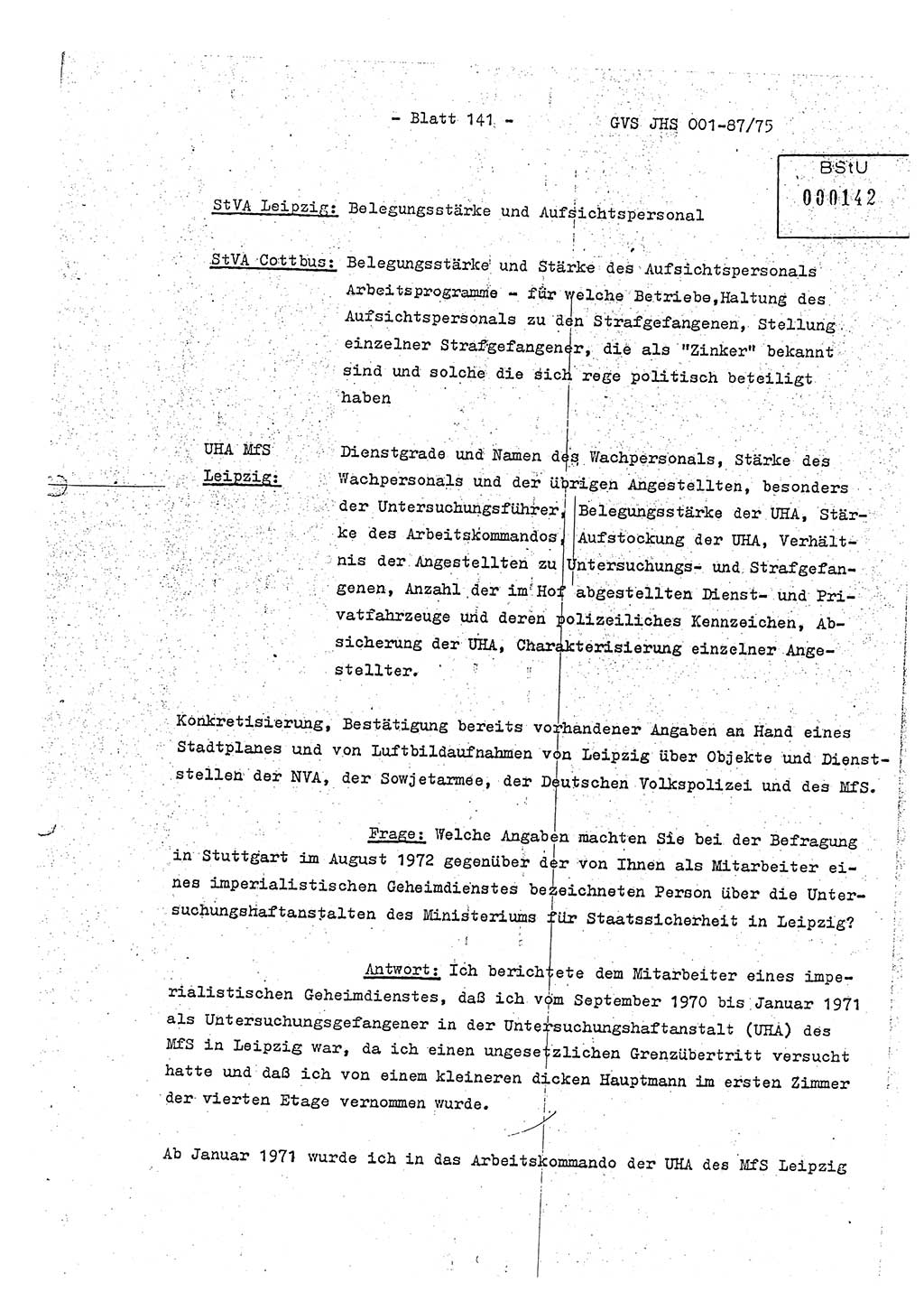 Diplomarbeit Hauptmann Volkmar Heinz (Abt. ⅩⅣ), Oberleutnant Lothar Rüdiger (BV Lpz. Abt. Ⅺ), Ministerium für Staatssicherheit (MfS) [Deutsche Demokratische Republik (DDR)], Juristische Hochschule (JHS), Geheime Verschlußsache (GVS) o001-87/75, Potsdam 1975, Seite 141 (Dipl.-Arb. MfS DDR JHS GVS o001-87/75 1975, S. 141)