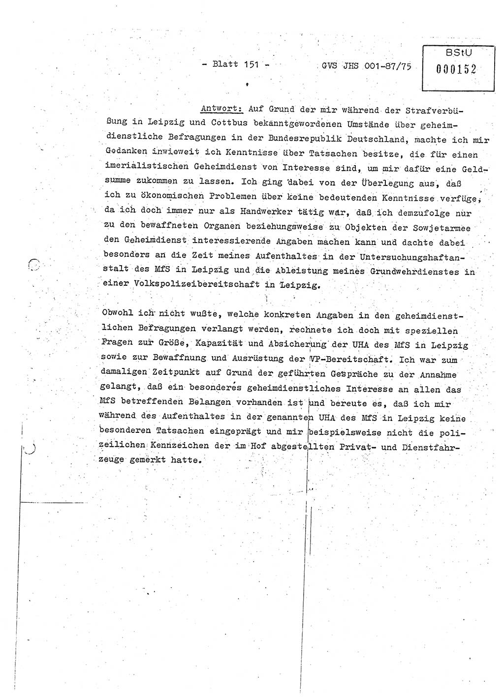 Diplomarbeit Hauptmann Volkmar Heinz (Abt. ⅩⅣ), Oberleutnant Lothar Rüdiger (BV Lpz. Abt. Ⅺ), Ministerium für Staatssicherheit (MfS) [Deutsche Demokratische Republik (DDR)], Juristische Hochschule (JHS), Geheime Verschlußsache (GVS) o001-87/75, Potsdam 1975, Seite 151 (Dipl.-Arb. MfS DDR JHS GVS o001-87/75 1975, S. 151)