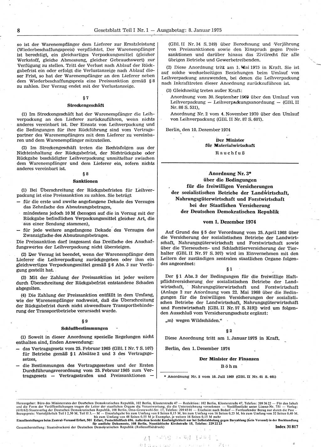 Gesetzblatt (GBl.) der Deutschen Demokratischen Republik (DDR) Teil Ⅰ 1975, Seite 8 (GBl. DDR Ⅰ 1975, S. 8)