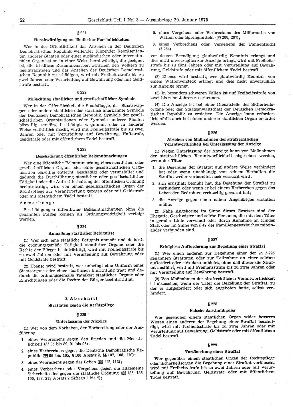Gesetzblatt (GBl.) der Deutschen Demokratischen Republik (DDR) Teil Ⅰ 1975, Seite 52 (GBl. DDR Ⅰ 1975, S. 52)