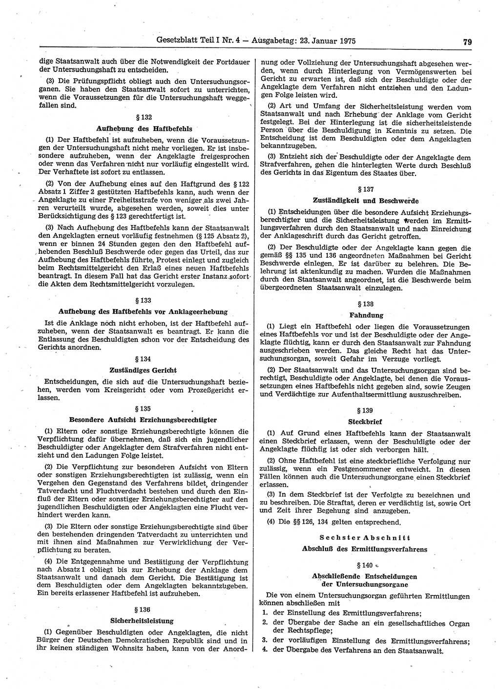 Gesetzblatt (GBl.) der Deutschen Demokratischen Republik (DDR) Teil Ⅰ 1975, Seite 79 (GBl. DDR Ⅰ 1975, S. 79)