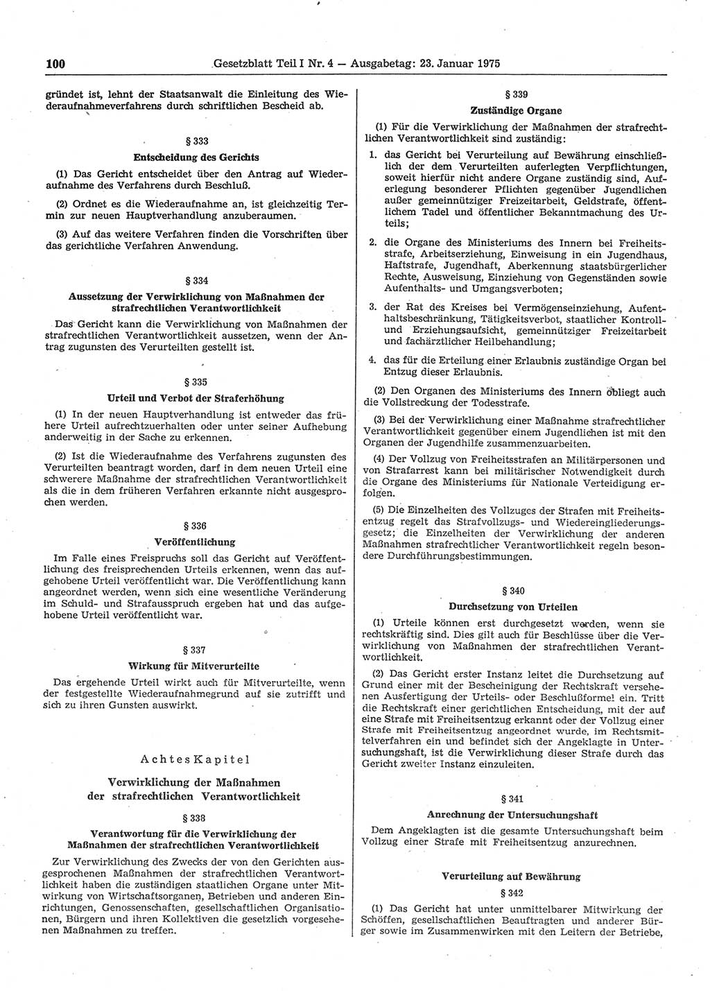 Gesetzblatt (GBl.) der Deutschen Demokratischen Republik (DDR) Teil Ⅰ 1975, Seite 100 (GBl. DDR Ⅰ 1975, S. 100)
