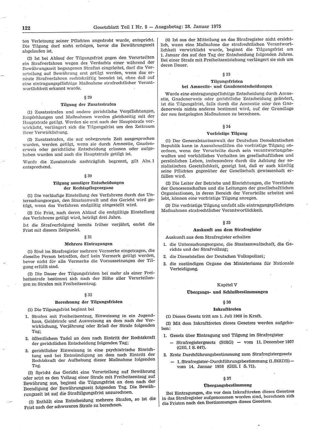 Gesetzblatt (GBl.) der Deutschen Demokratischen Republik (DDR) Teil Ⅰ 1975, Seite 122 (GBl. DDR Ⅰ 1975, S. 122)