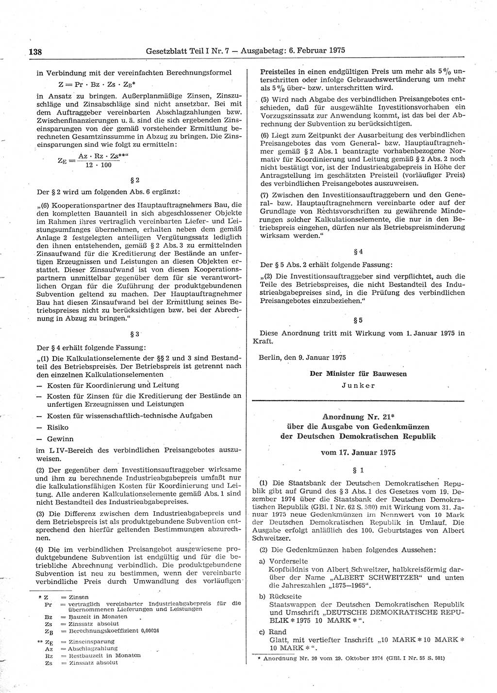 Gesetzblatt (GBl.) der Deutschen Demokratischen Republik (DDR) Teil Ⅰ 1975, Seite 138 (GBl. DDR Ⅰ 1975, S. 138)