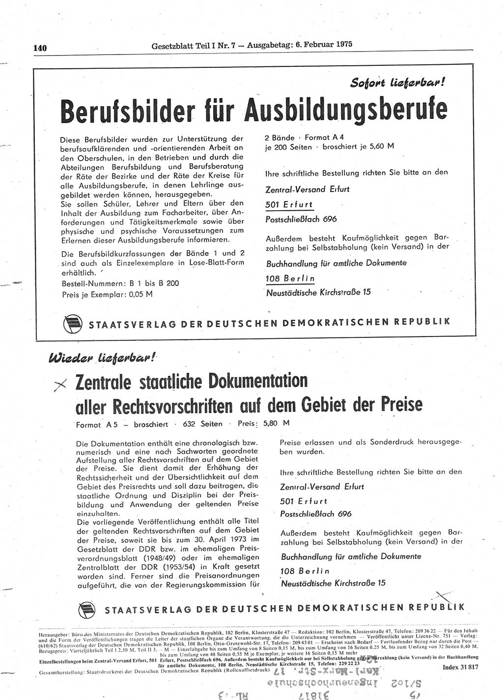 Gesetzblatt (GBl.) der Deutschen Demokratischen Republik (DDR) Teil Ⅰ 1975, Seite 140 (GBl. DDR Ⅰ 1975, S. 140)