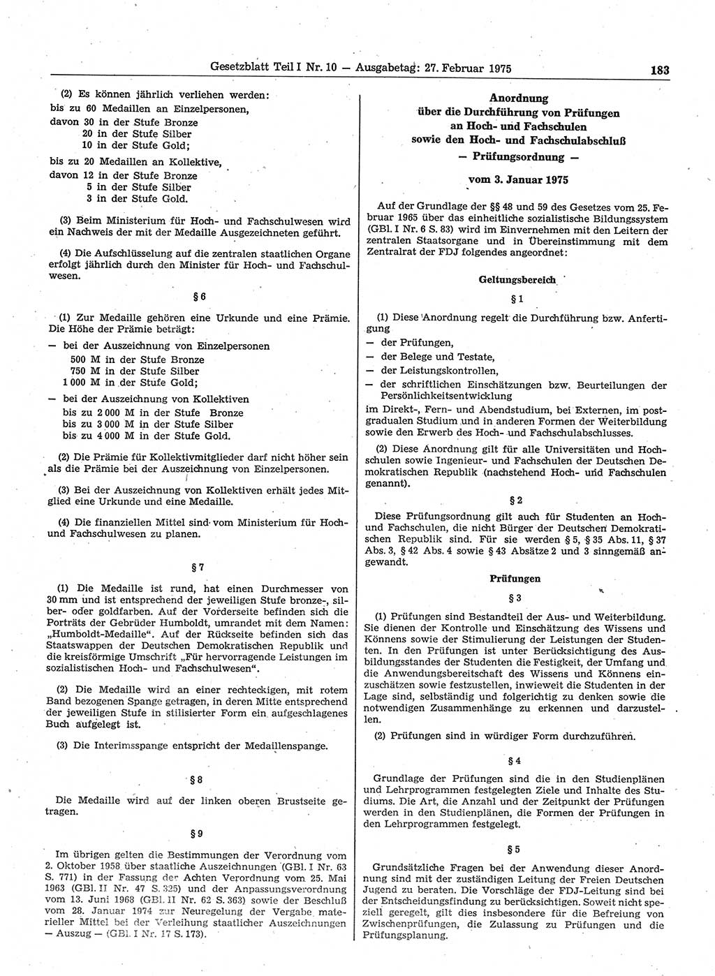 Gesetzblatt (GBl.) der Deutschen Demokratischen Republik (DDR) Teil Ⅰ 1975, Seite 183 (GBl. DDR Ⅰ 1975, S. 183)