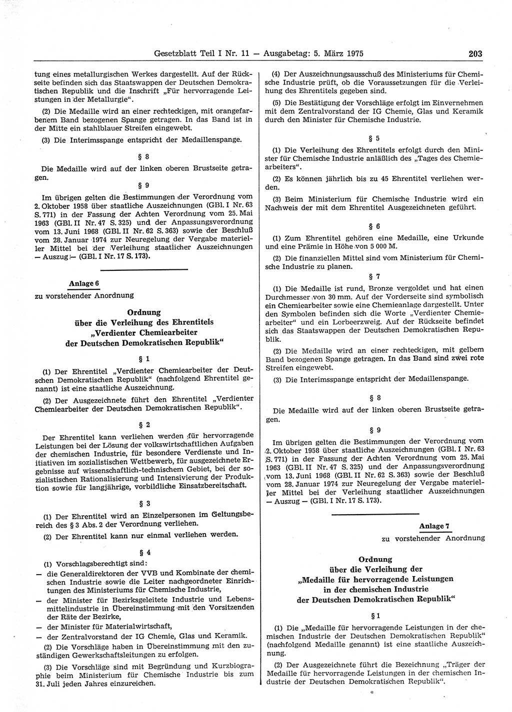 Gesetzblatt (GBl.) der Deutschen Demokratischen Republik (DDR) Teil Ⅰ 1975, Seite 203 (GBl. DDR Ⅰ 1975, S. 203)