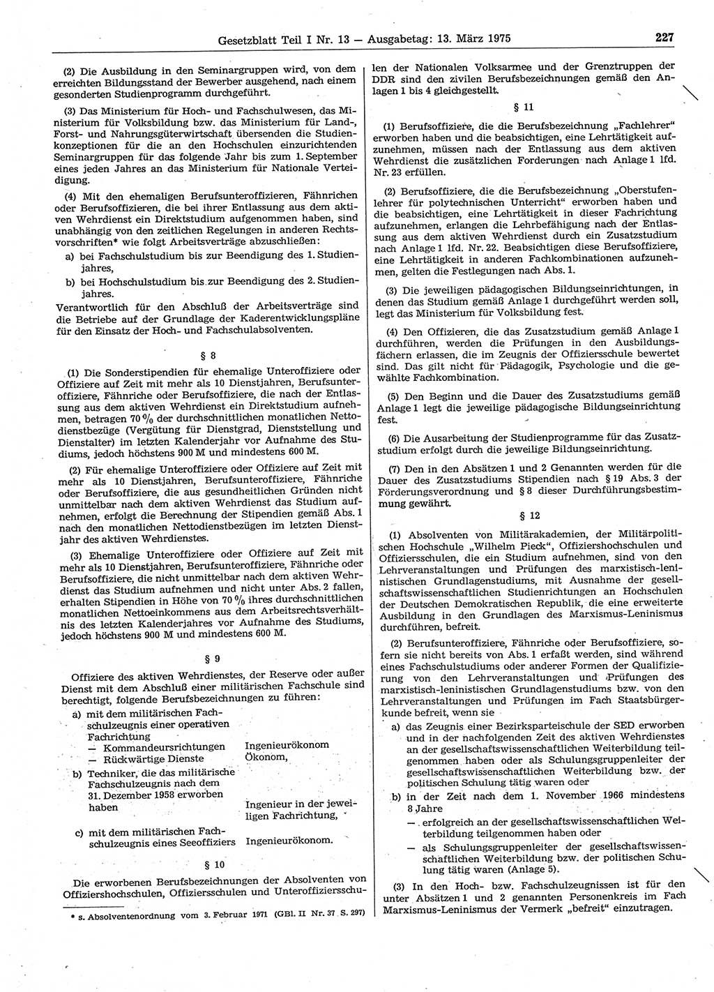 Gesetzblatt (GBl.) der Deutschen Demokratischen Republik (DDR) Teil Ⅰ 1975, Seite 227 (GBl. DDR Ⅰ 1975, S. 227)