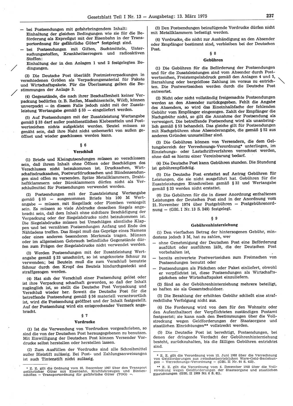 Gesetzblatt (GBl.) der Deutschen Demokratischen Republik (DDR) Teil Ⅰ 1975, Seite 237 (GBl. DDR Ⅰ 1975, S. 237)