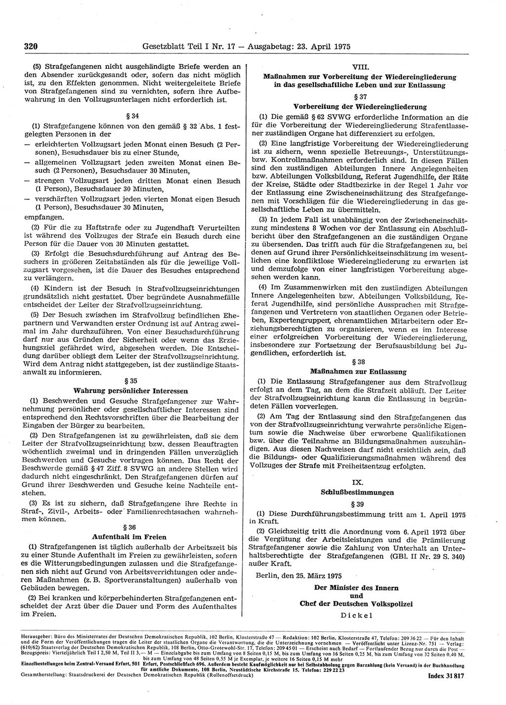 Gesetzblatt (GBl.) der Deutschen Demokratischen Republik (DDR) Teil Ⅰ 1975, Seite 320 (GBl. DDR Ⅰ 1975, S. 320)