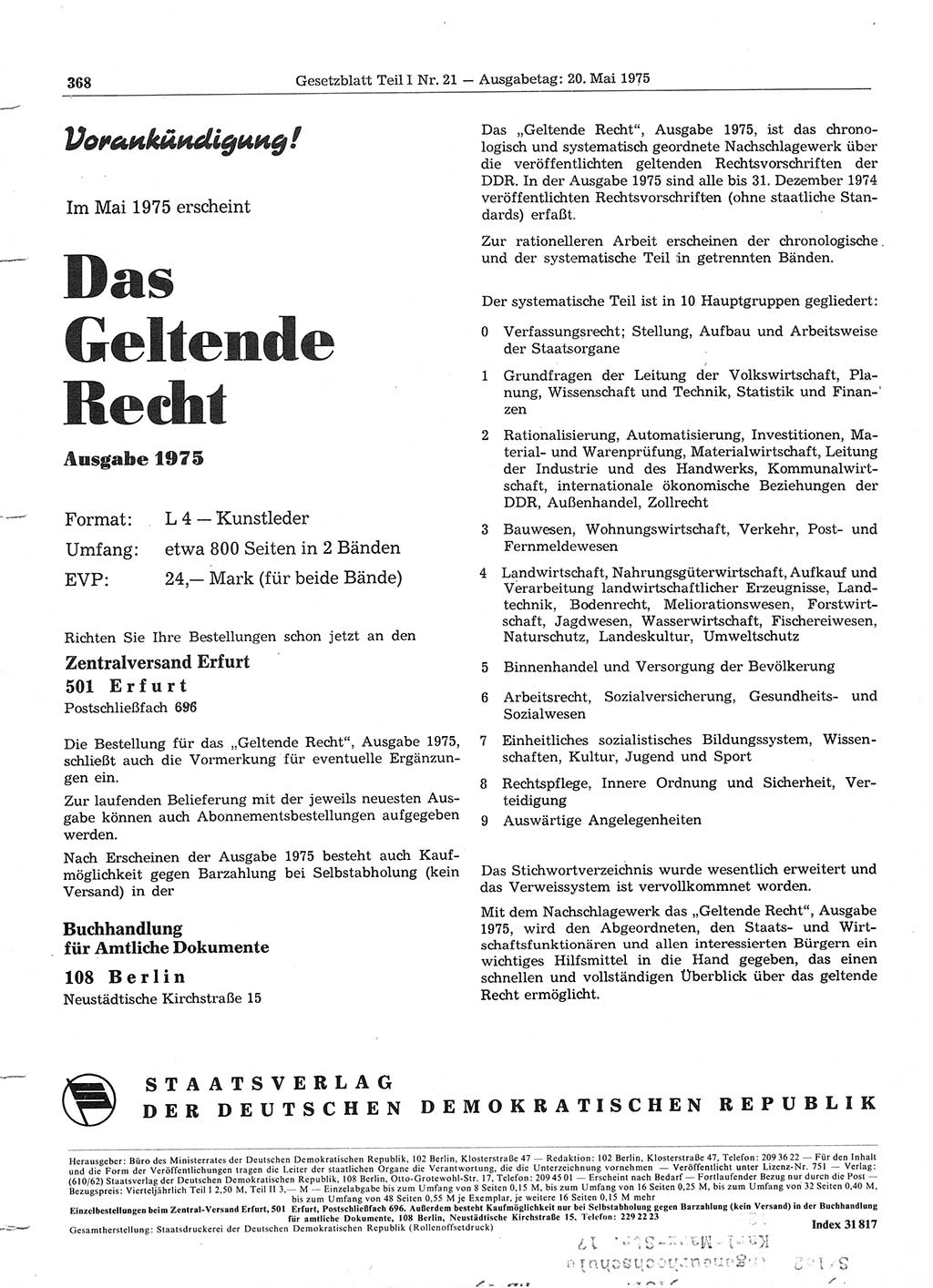 Gesetzblatt (GBl.) der Deutschen Demokratischen Republik (DDR) Teil Ⅰ 1975, Seite 368 (GBl. DDR Ⅰ 1975, S. 368)