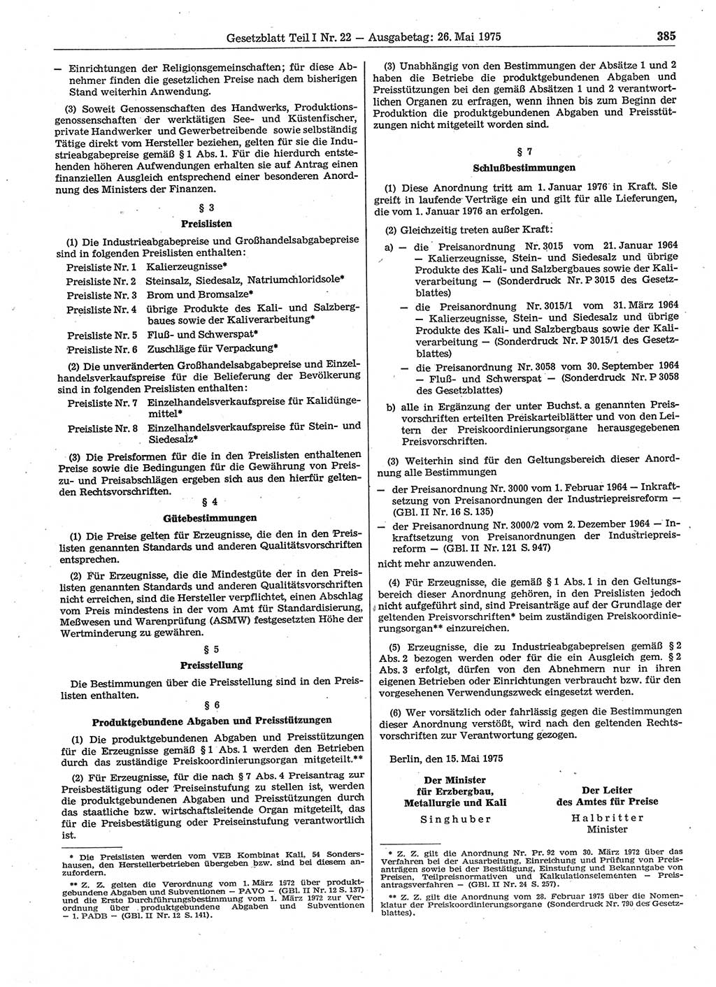 Gesetzblatt (GBl.) der Deutschen Demokratischen Republik (DDR) Teil Ⅰ 1975, Seite 385 (GBl. DDR Ⅰ 1975, S. 385)
