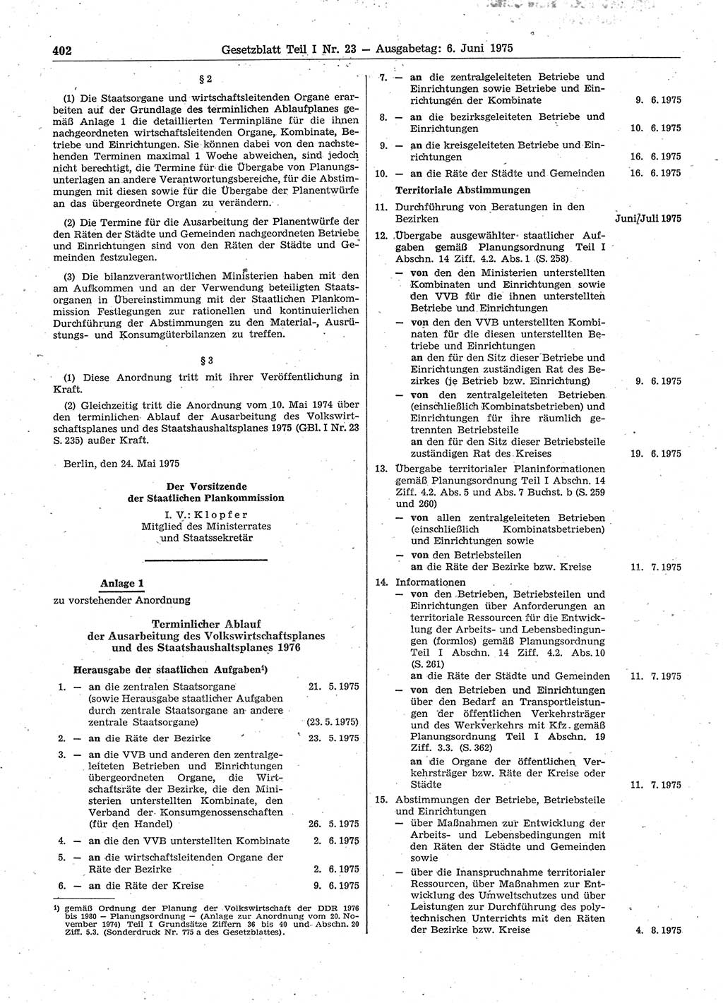 Gesetzblatt (GBl.) der Deutschen Demokratischen Republik (DDR) Teil Ⅰ 1975, Seite 402 (GBl. DDR Ⅰ 1975, S. 402)