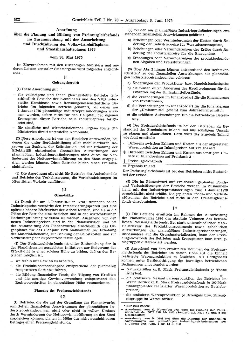 Gesetzblatt (GBl.) der Deutschen Demokratischen Republik (DDR) Teil Ⅰ 1975, Seite 422 (GBl. DDR Ⅰ 1975, S. 422)