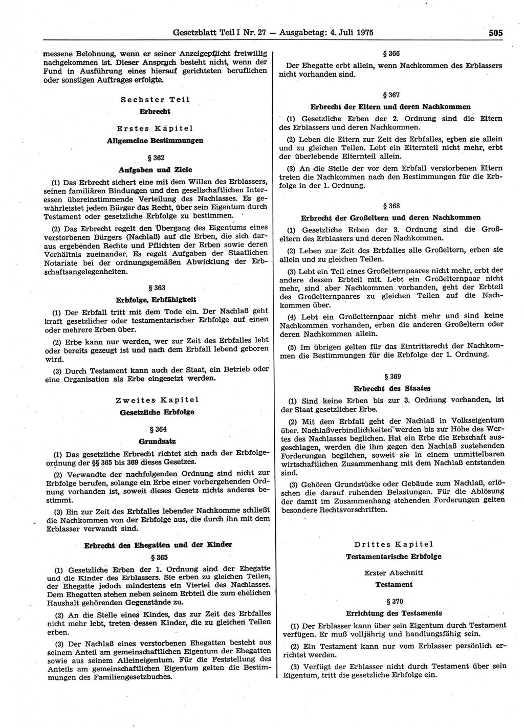 Gesetzblatt (GBl.) der Deutschen Demokratischen Republik (DDR) Teil Ⅰ 1975, Seite 505 (GBl. DDR Ⅰ 1975, S. 505)