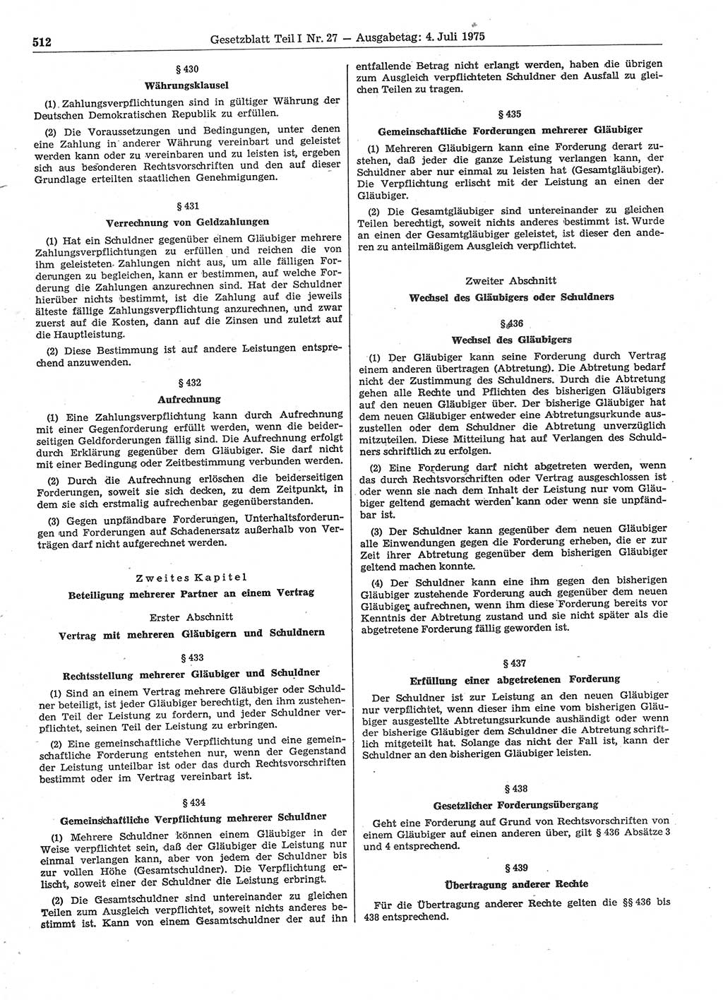 Gesetzblatt (GBl.) der Deutschen Demokratischen Republik (DDR) Teil Ⅰ 1975, Seite 512 (GBl. DDR Ⅰ 1975, S. 512)