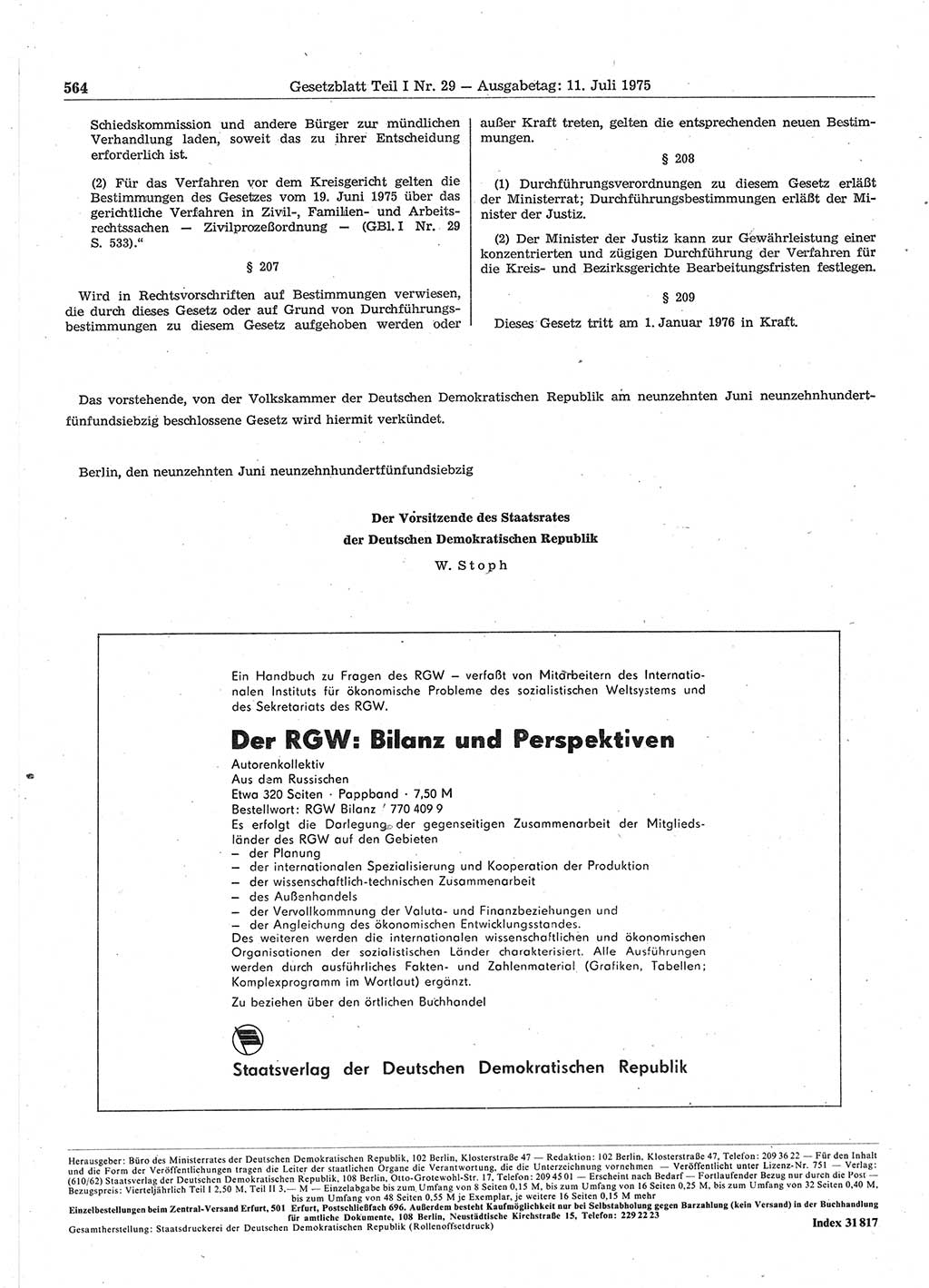 Gesetzblatt (GBl.) der Deutschen Demokratischen Republik (DDR) Teil Ⅰ 1975, Seite 564 (GBl. DDR Ⅰ 1975, S. 564)