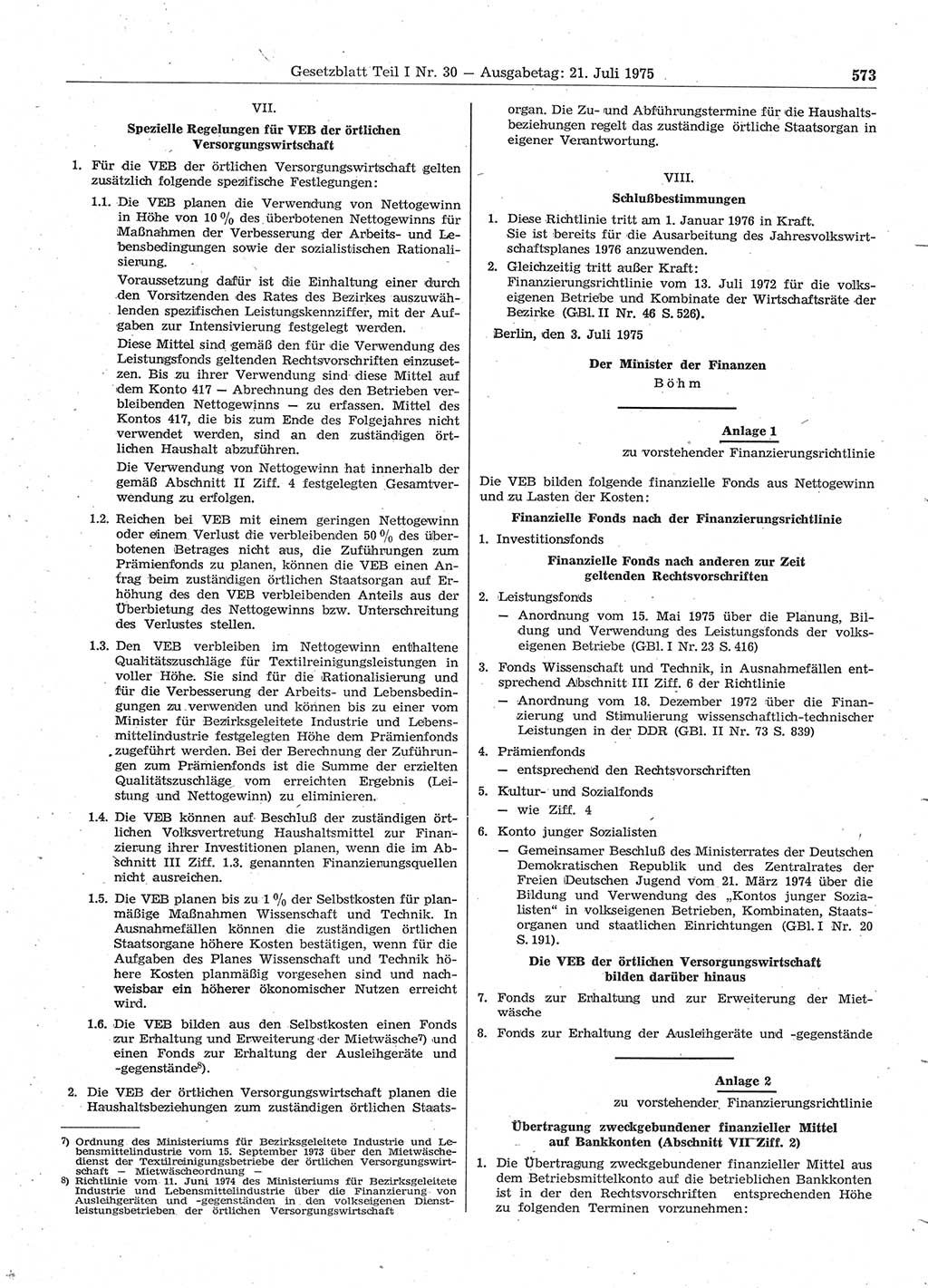 Gesetzblatt (GBl.) der Deutschen Demokratischen Republik (DDR) Teil Ⅰ 1975, Seite 573 (GBl. DDR Ⅰ 1975, S. 573)