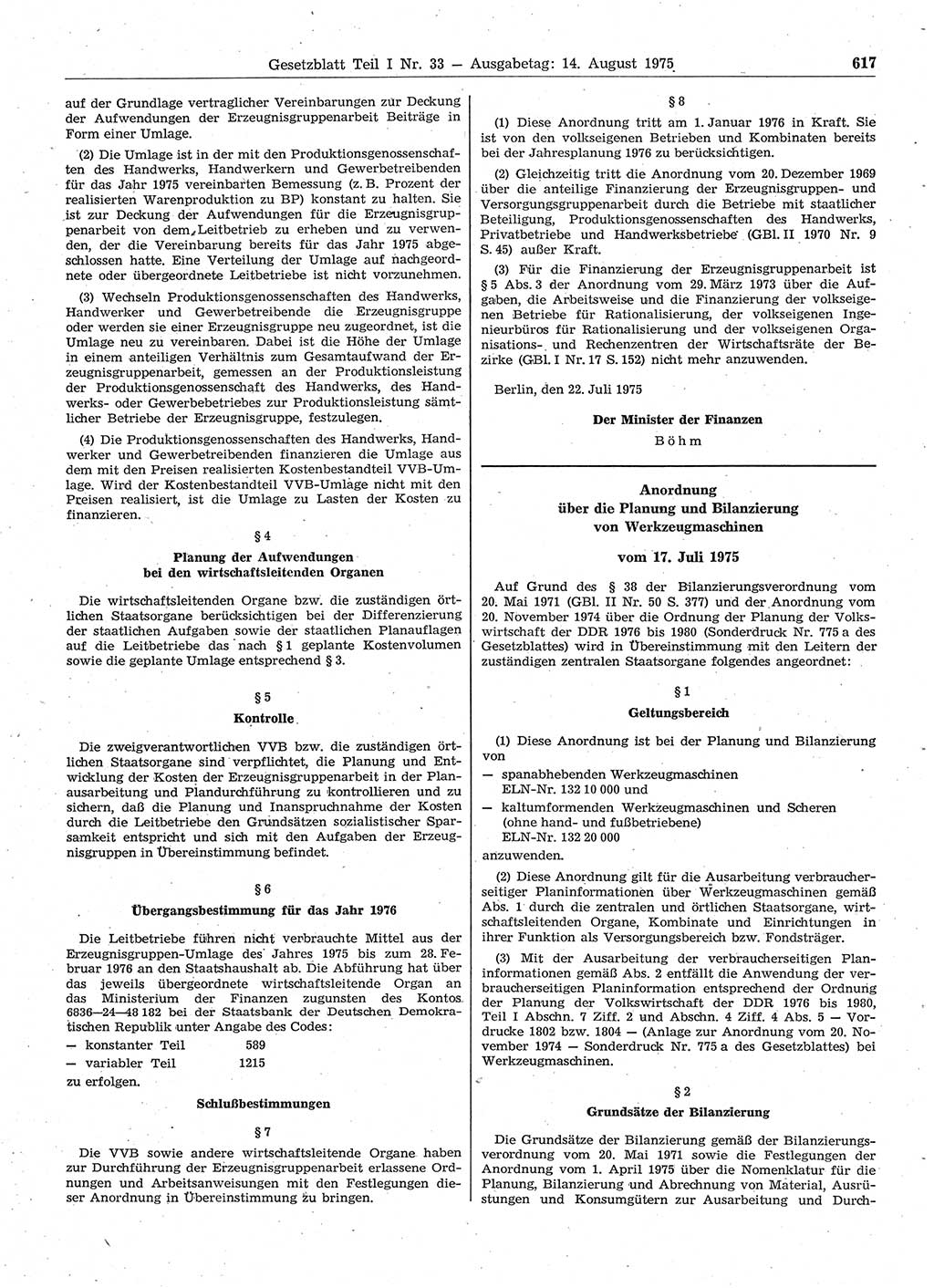 Gesetzblatt (GBl.) der Deutschen Demokratischen Republik (DDR) Teil Ⅰ 1975, Seite 617 (GBl. DDR Ⅰ 1975, S. 617)
