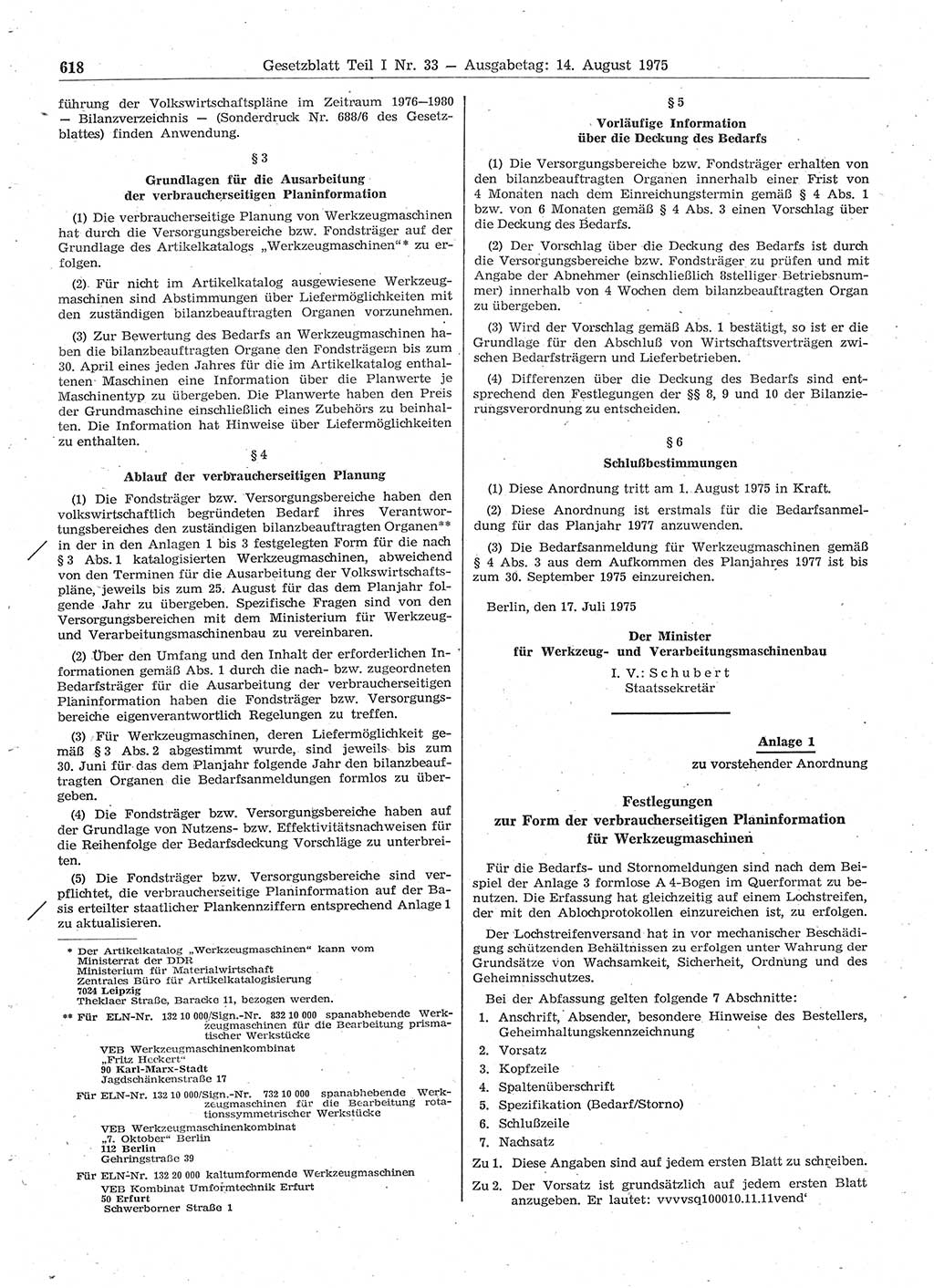 Gesetzblatt (GBl.) der Deutschen Demokratischen Republik (DDR) Teil Ⅰ 1975, Seite 618 (GBl. DDR Ⅰ 1975, S. 618)
