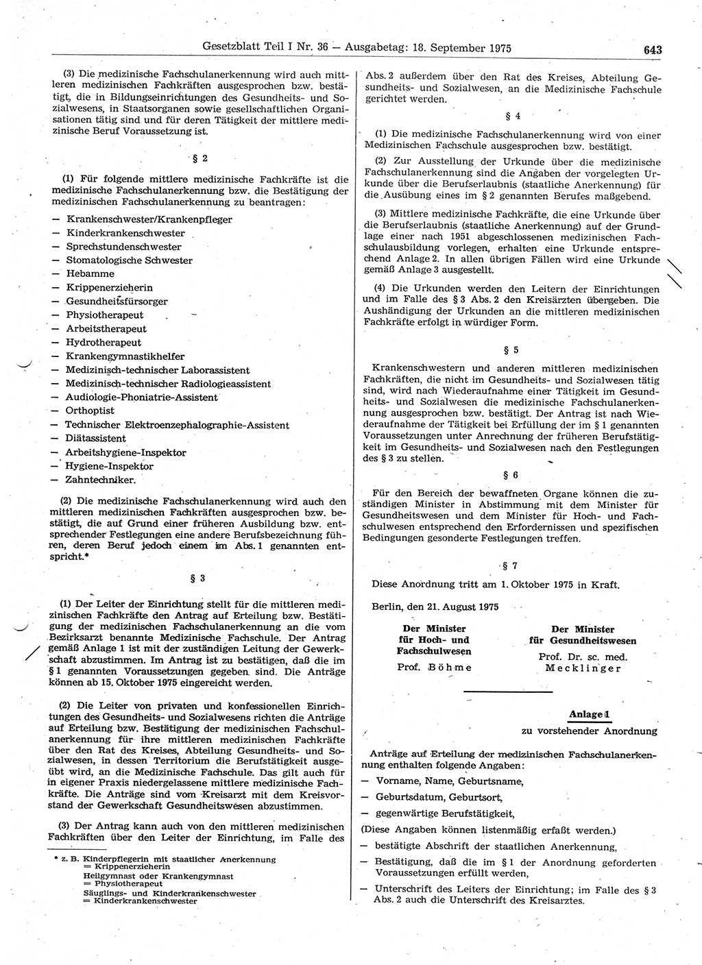 Gesetzblatt (GBl.) der Deutschen Demokratischen Republik (DDR) Teil Ⅰ 1975, Seite 643 (GBl. DDR Ⅰ 1975, S. 643)