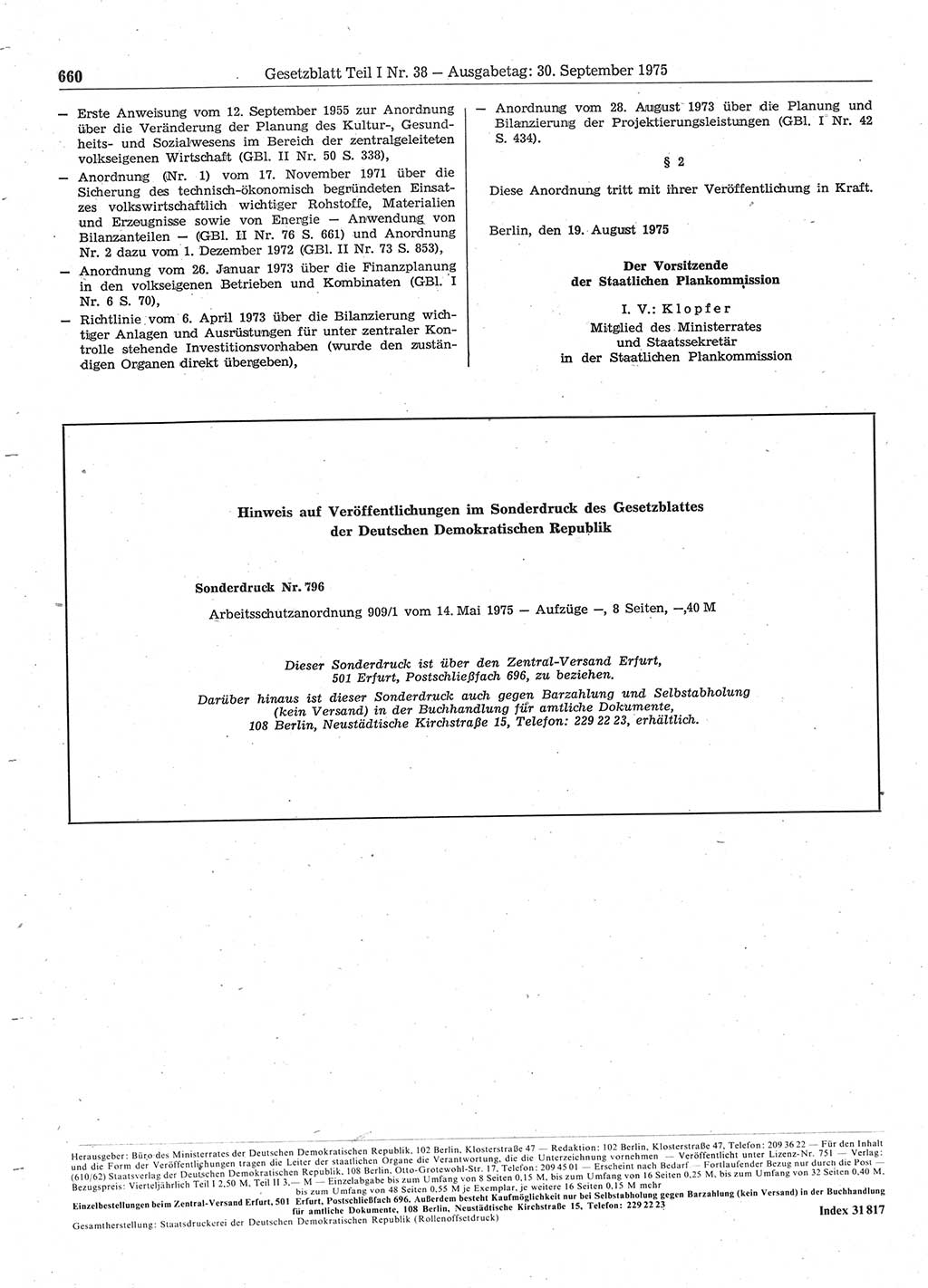 Gesetzblatt (GBl.) der Deutschen Demokratischen Republik (DDR) Teil Ⅰ 1975, Seite 660 (GBl. DDR Ⅰ 1975, S. 660)