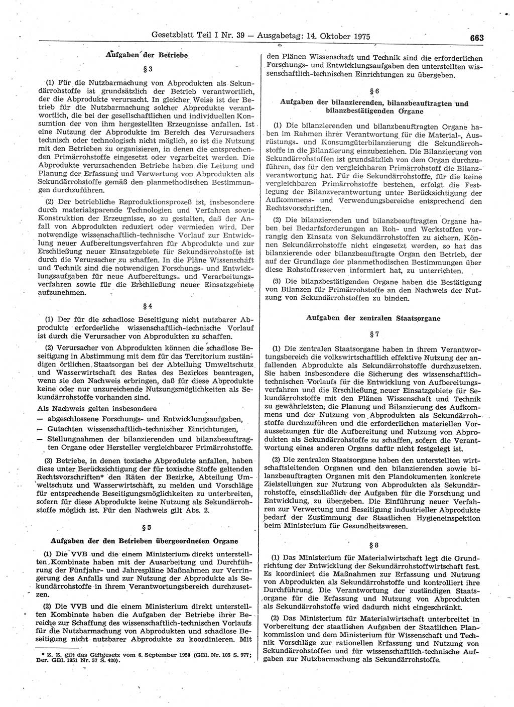 Gesetzblatt (GBl.) der Deutschen Demokratischen Republik (DDR) Teil Ⅰ 1975, Seite 663 (GBl. DDR Ⅰ 1975, S. 663)