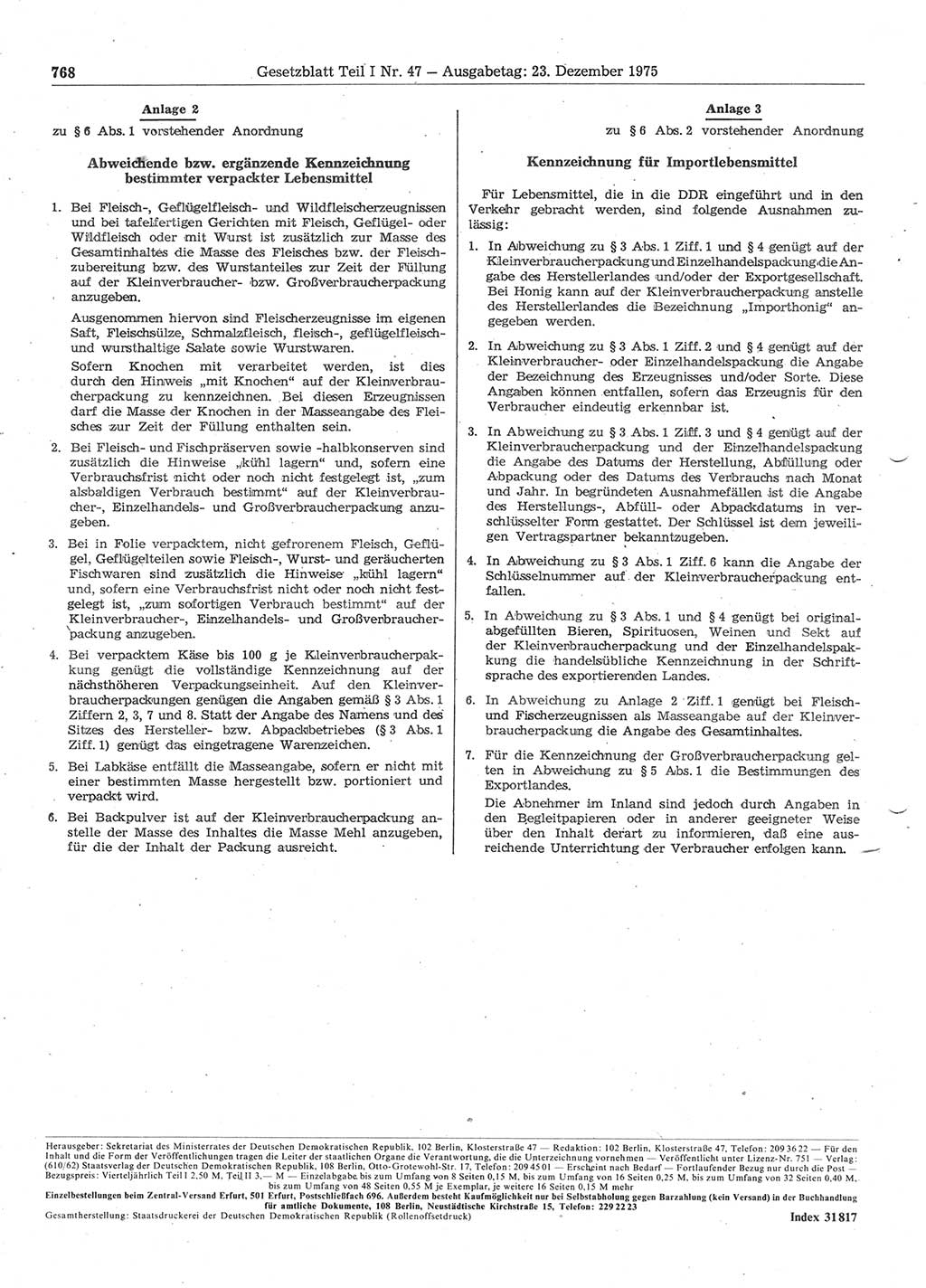 Gesetzblatt (GBl.) der Deutschen Demokratischen Republik (DDR) Teil Ⅰ 1975, Seite 768 (GBl. DDR Ⅰ 1975, S. 768)