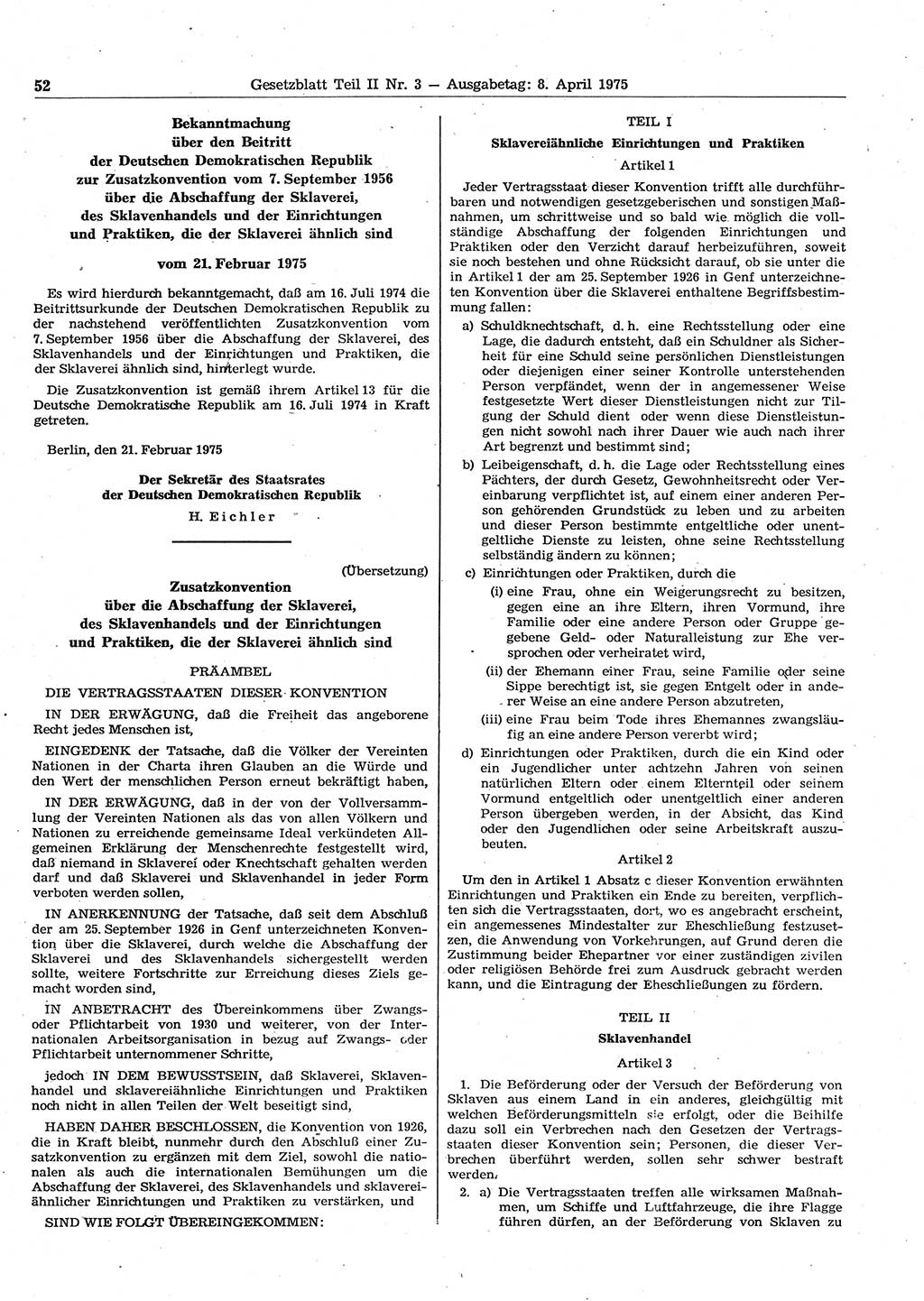 Gesetzblatt (GBl.) der Deutschen Demokratischen Republik (DDR) Teil ⅠⅠ 1975, Seite 52 (GBl. DDR ⅠⅠ 1975, S. 52)