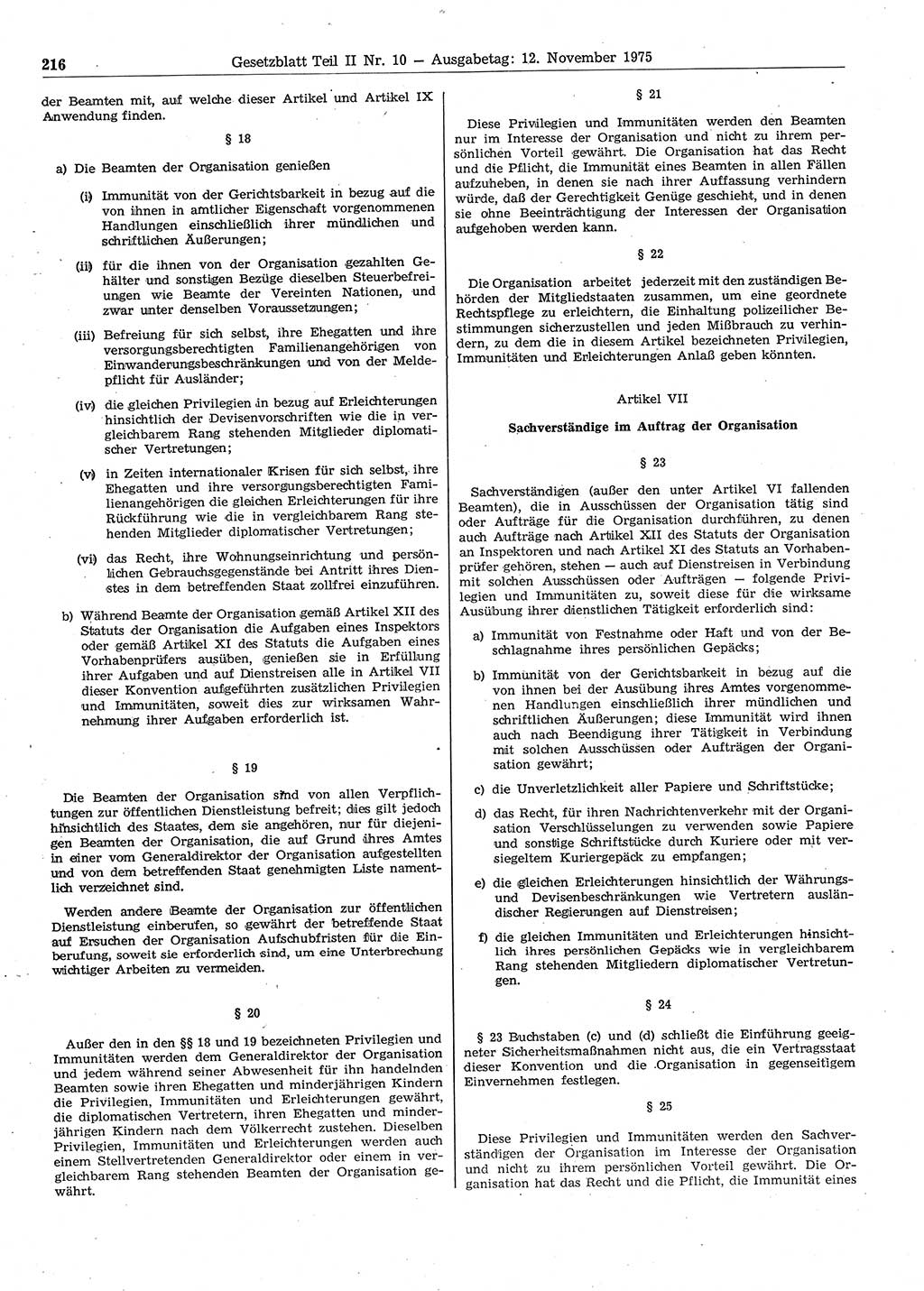 Gesetzblatt (GBl.) der Deutschen Demokratischen Republik (DDR) Teil ⅠⅠ 1975, Seite 216 (GBl. DDR ⅠⅠ 1975, S. 216)