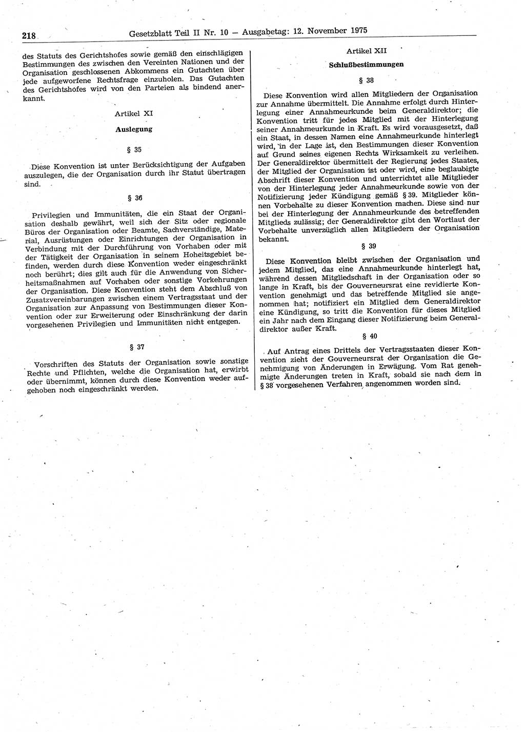 Gesetzblatt (GBl.) der Deutschen Demokratischen Republik (DDR) Teil ⅠⅠ 1975, Seite 218 (GBl. DDR ⅠⅠ 1975, S. 218)