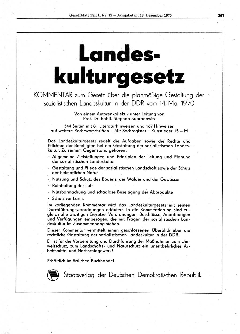 Gesetzblatt (GBl.) der Deutschen Demokratischen Republik (DDR) Teil ⅠⅠ 1975, Seite 267 (GBl. DDR ⅠⅠ 1975, S. 267)